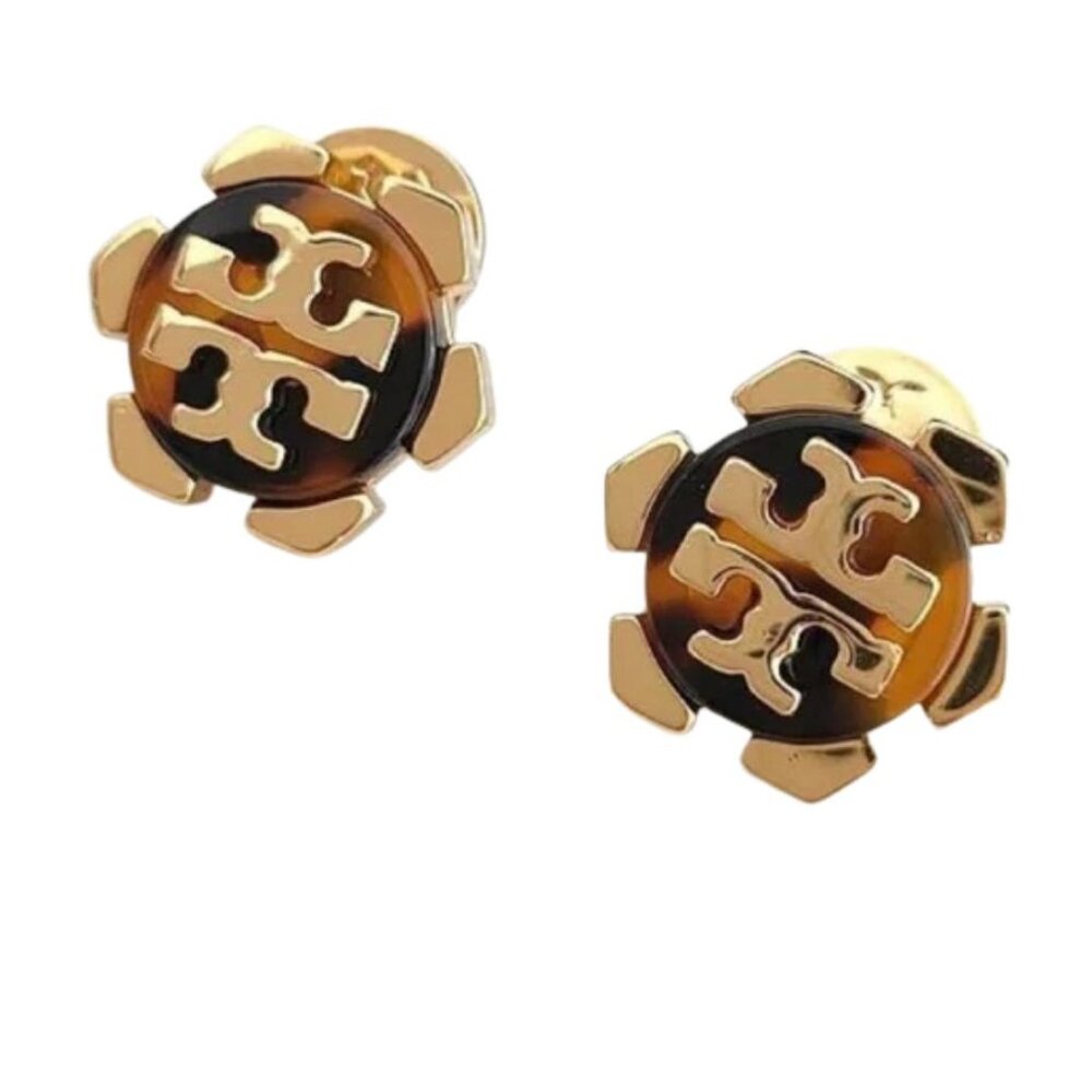 Tory Burch Britten Logo Stud Earrings Gold Tortoise Enamel Style 80248 - Picture 4 of 8